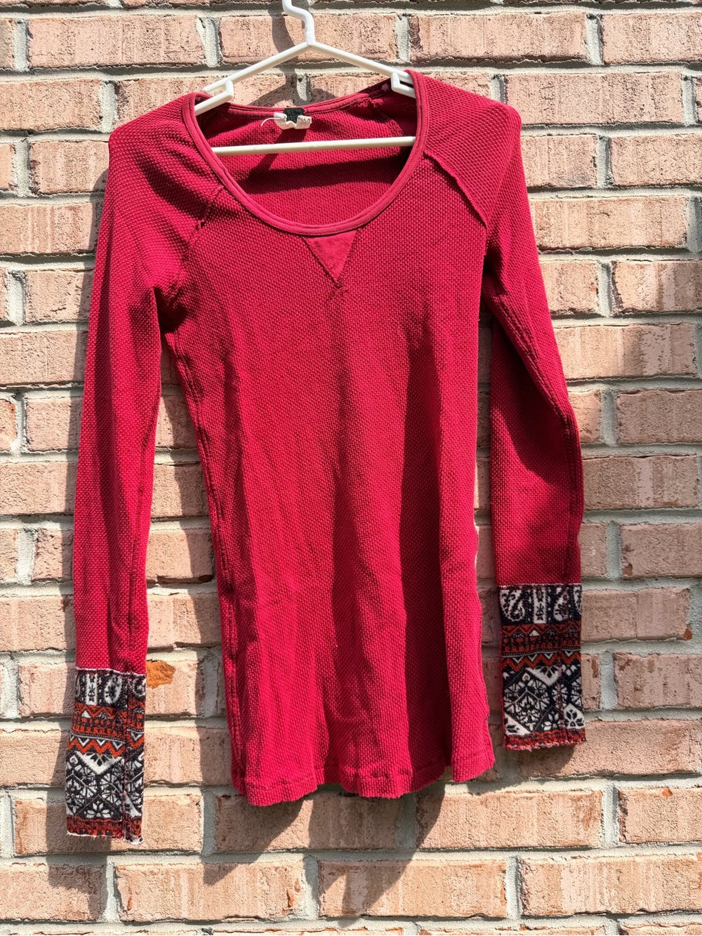 We The Free Red Waffle-Knit Long Sleeve Top with Patterned Cuffs